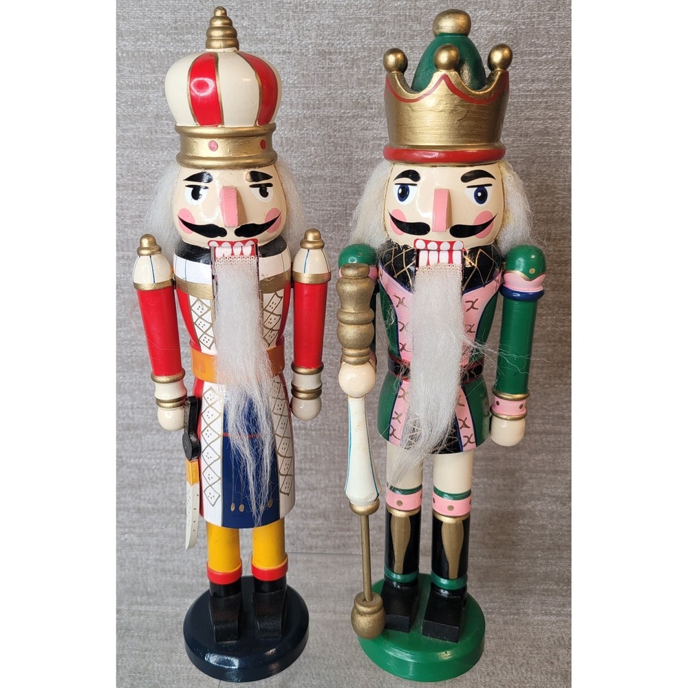 2 Wooden Nutcrackers Red Green Pink Multicolor 12" Tall Christmas Vintage Unique
